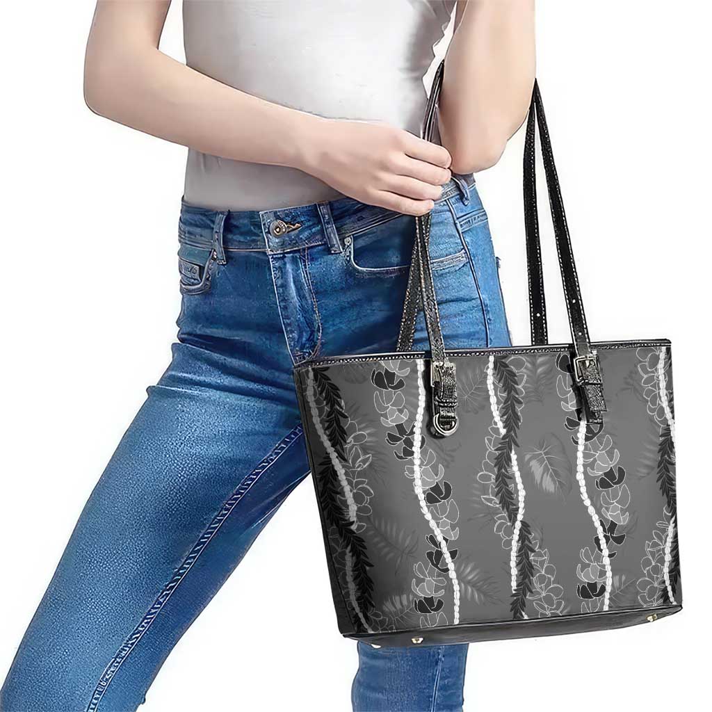 Hawaii Maile Lei Leather Tote Bag With Gray Monstera Pattern LT05 - Polynesian Pride