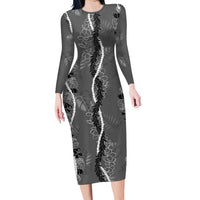 Hawaii Maile Lei Long Sleeve Bodycon Dress With Gray Monstera Pattern LT05 Long Dress Gray - Polynesian Pride