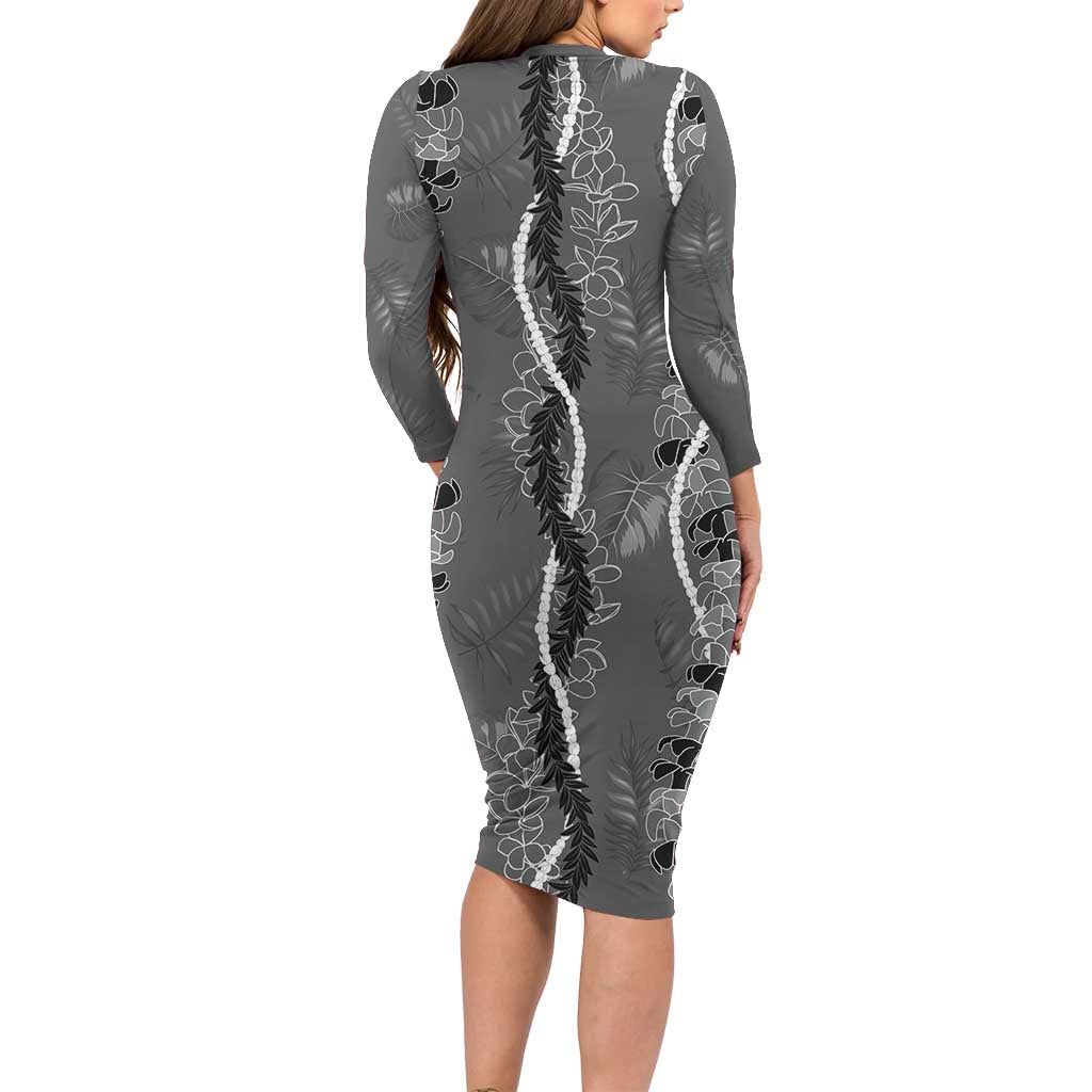 Hawaii Maile Lei Long Sleeve Bodycon Dress With Gray Monstera Pattern LT05 - Polynesian Pride