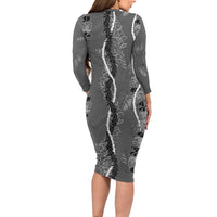 Hawaii Maile Lei Long Sleeve Bodycon Dress With Gray Monstera Pattern LT05 - Polynesian Pride