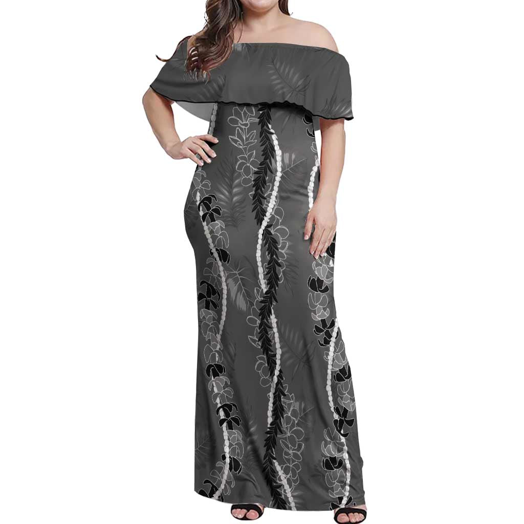 Hawaii Maile Lei Off Shoulder Maxi Dress With Gray Monstera Pattern LT05 Women Gray - Polynesian Pride