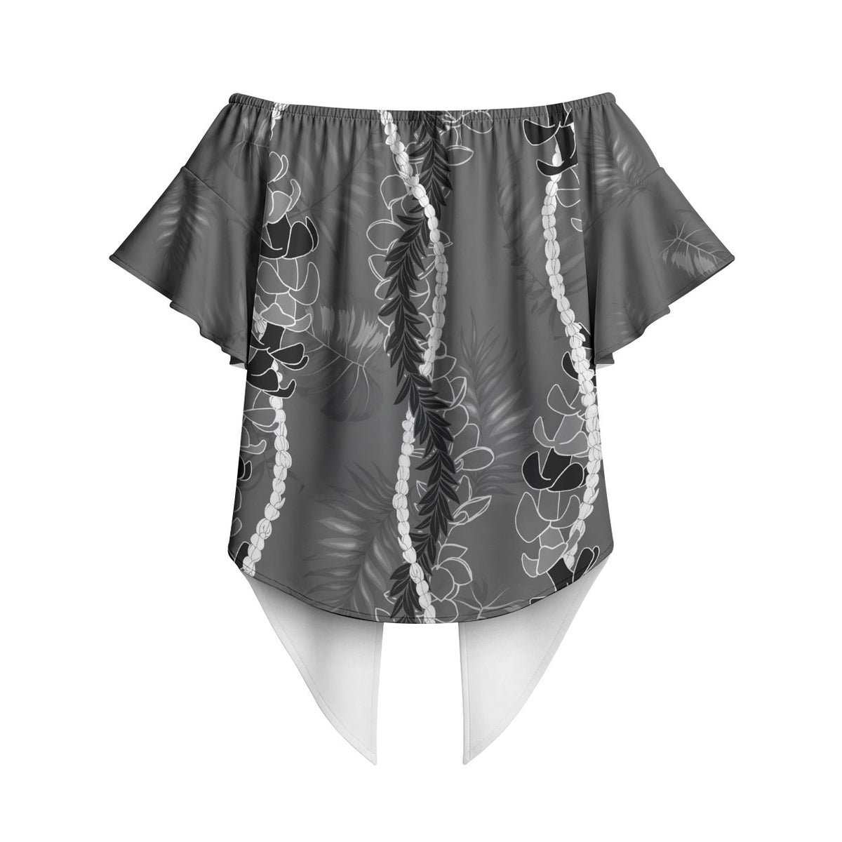 Hawaii Maile Lei Off Shoulder Wrap Waist Top With Gray Monstera Pattern LT05 - Polynesian Pride