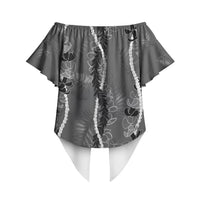 Hawaii Maile Lei Off Shoulder Wrap Waist Top With Gray Monstera Pattern LT05 - Polynesian Pride