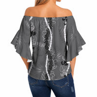 Hawaii Maile Lei Off Shoulder Wrap Waist Top With Gray Monstera Pattern LT05 - Polynesian Pride