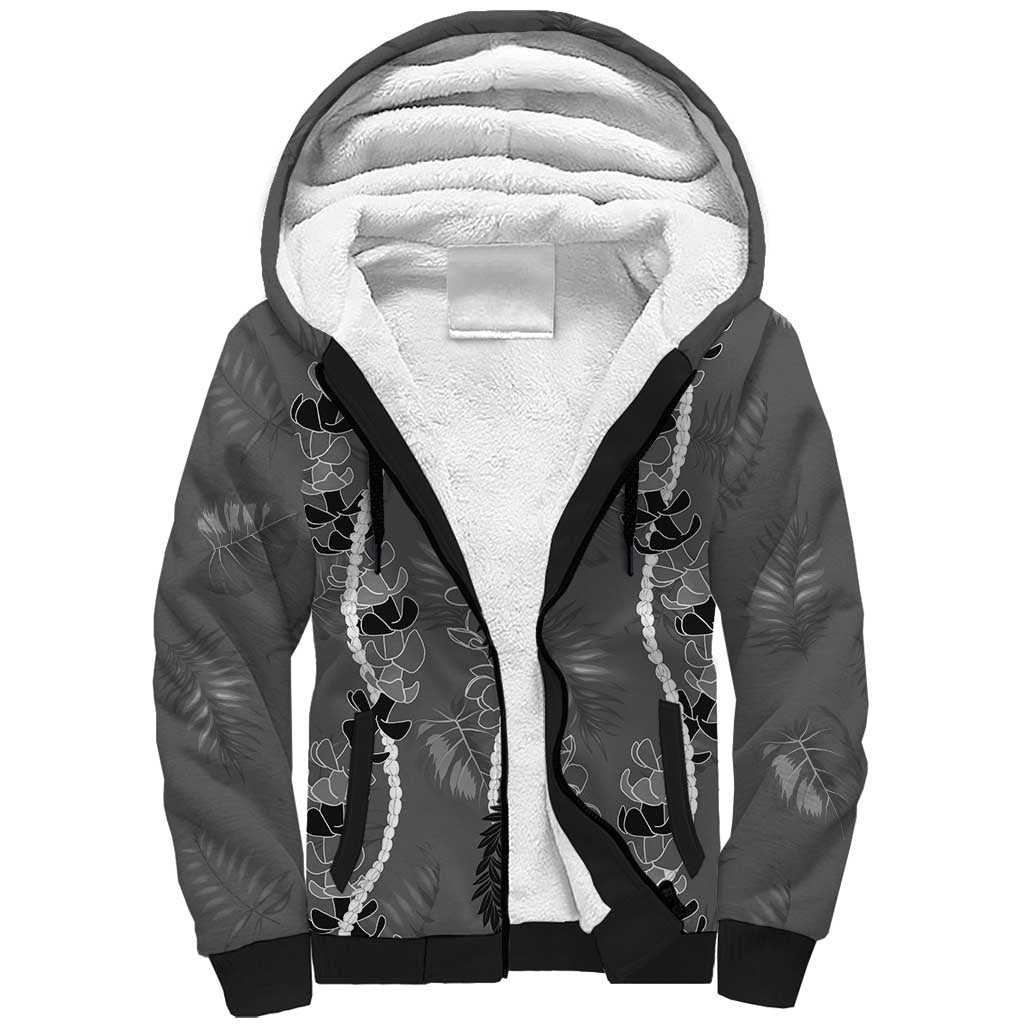 Hawaii Maile Lei Sherpa Hoodie With Gray Monstera Pattern LT05 Unisex Gray - Polynesian Pride