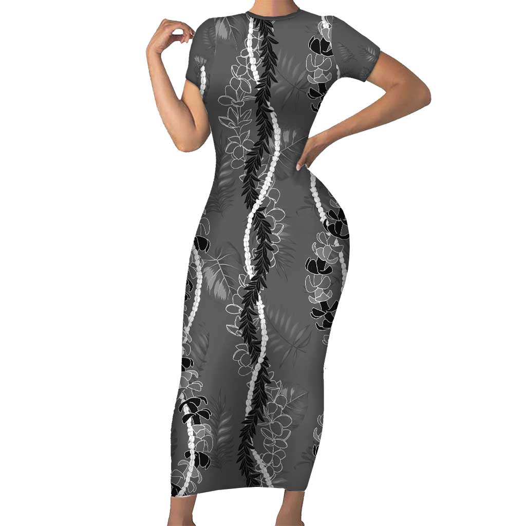 Hawaii Maile Lei Short Sleeve Bodycon Dress With Gray Monstera Pattern LT05 Long Dress Gray - Polynesian Pride