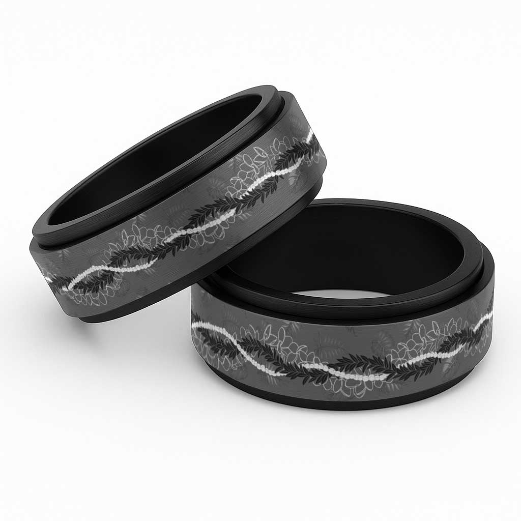 Hawaii Maile Lei Spinner Ring With Gray Monstera Pattern - Polynesian Pride