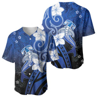Polynesia Hammerhead Shark Baseball Jersey Blue Tribal Pattern With Plumeria - Polynesian Pride