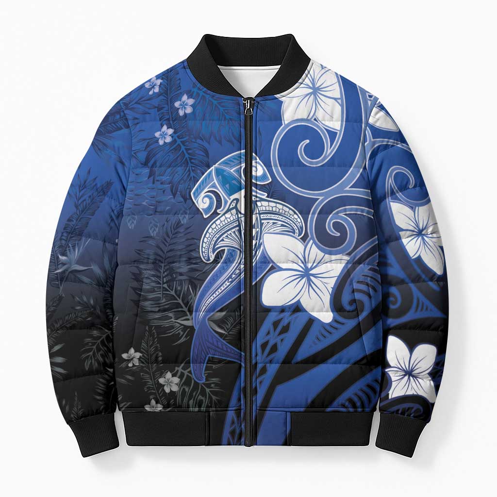 Polynesia Hammerhead Shark Bomber Puffer Jacket Blue Tribal Pattern With Plumeria - Polynesian Pride