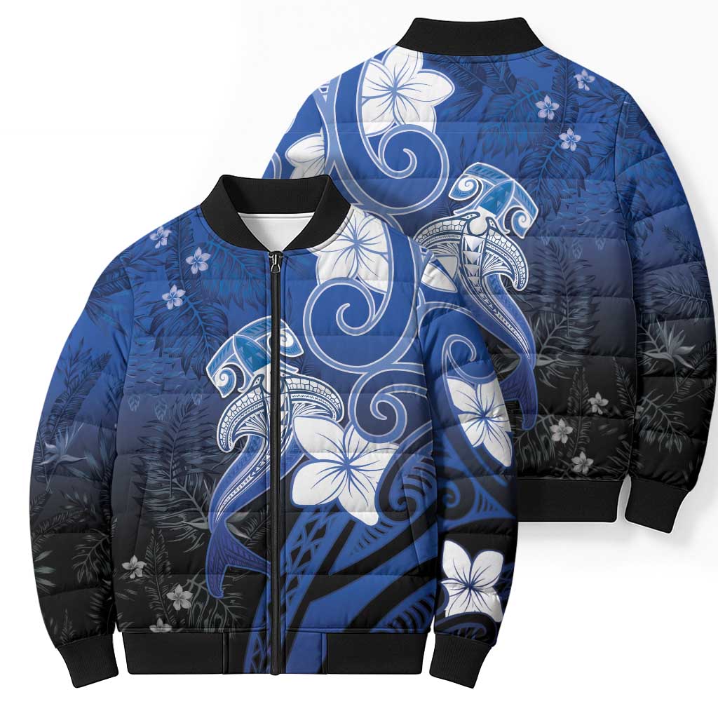 Polynesia Hammerhead Shark Bomber Puffer Jacket Blue Tribal Pattern With Plumeria - Polynesian Pride