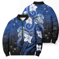 Polynesia Hammerhead Shark Bomber Puffer Jacket Blue Tribal Pattern With Plumeria - Polynesian Pride