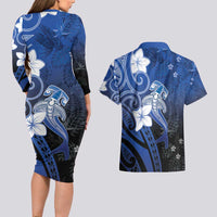 Polynesia Hammerhead Shark Couples Matching Long Sleeve Bodycon Dress and Hawaiian Shirt Blue Tribal Pattern With Plumeria - Polynesian Pride