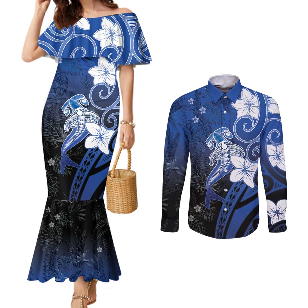 Polynesia Hammerhead Shark Couples Matching Mermaid Dress and Long Sleeve Button Shirt Blue Tribal Pattern With Plumeria - Polynesian Pride