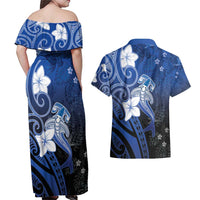 Polynesia Hammerhead Shark Couples Matching Off Shoulder Maxi Dress and Hawaiian Shirt Blue Tribal Pattern With Plumeria - Polynesian Pride