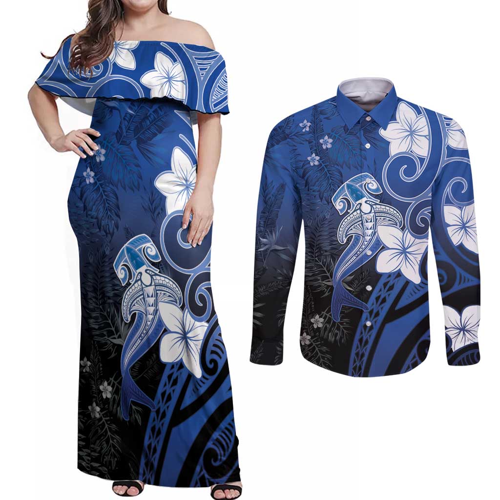 Polynesia Hammerhead Shark Couples Matching Off Shoulder Maxi Dress and Long Sleeve Button Shirt Blue Tribal Pattern With Plumeria - Polynesian Pride