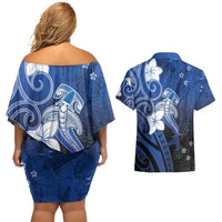 Polynesia Hammerhead Shark Couples Matching Off Shoulder Short Dress and Hawaiian Shirt Blue Tribal Pattern With Plumeria - Polynesian Pride
