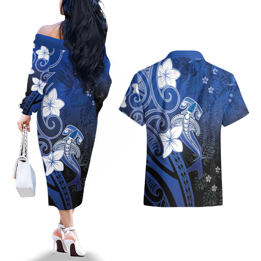 Polynesia Hammerhead Shark Couples Matching Off The Shoulder Long Sleeve Dress and Hawaiian Shirt Blue Tribal Pattern With Plumeria LT05 - Polynesian Pride