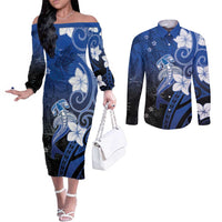 Polynesia Hammerhead Shark Couples Matching Off The Shoulder Long Sleeve Dress and Long Sleeve Button Shirt Blue Tribal Pattern With Plumeria - Polynesian Pride