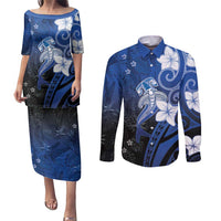 Polynesia Hammerhead Shark Couples Matching Puletasi and Long Sleeve Button Shirt Blue Tribal Pattern With Plumeria LT05 Blue - Polynesian Pride