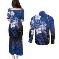 Polynesia Hammerhead Shark Couples Matching Puletasi and Long Sleeve Button Shirt Blue Tribal Pattern With Plumeria LT05 - Polynesian Pride