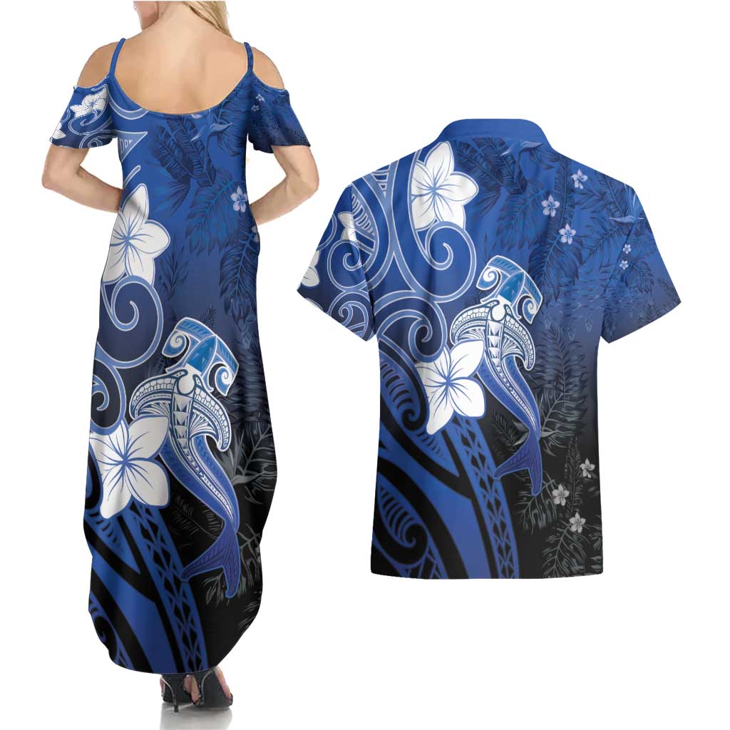 Polynesia Hammerhead Shark Couples Matching Summer Maxi Dress and Hawaiian Shirt Blue Tribal Pattern With Plumeria - Polynesian Pride