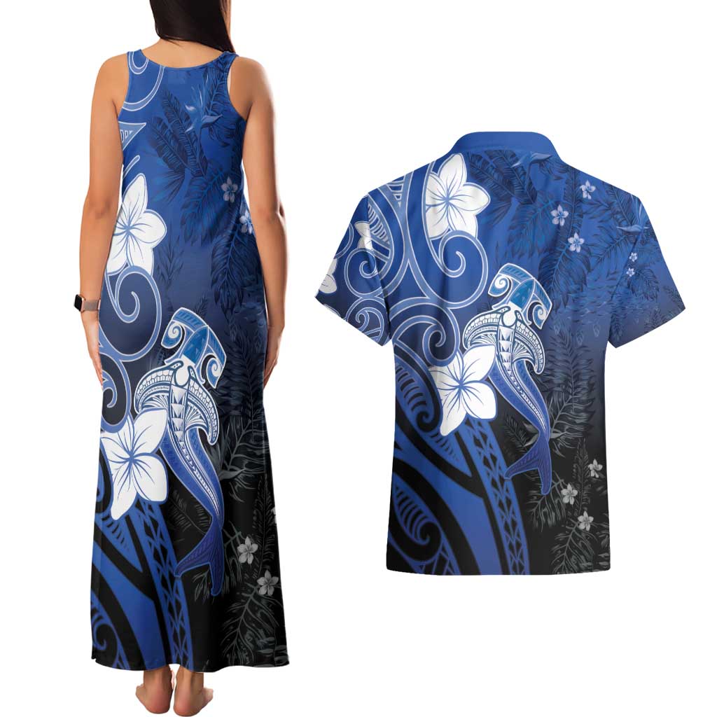 Polynesia Hammerhead Shark Couples Matching Tank Maxi Dress and Hawaiian Shirt Blue Tribal Pattern With Plumeria - Polynesian Pride