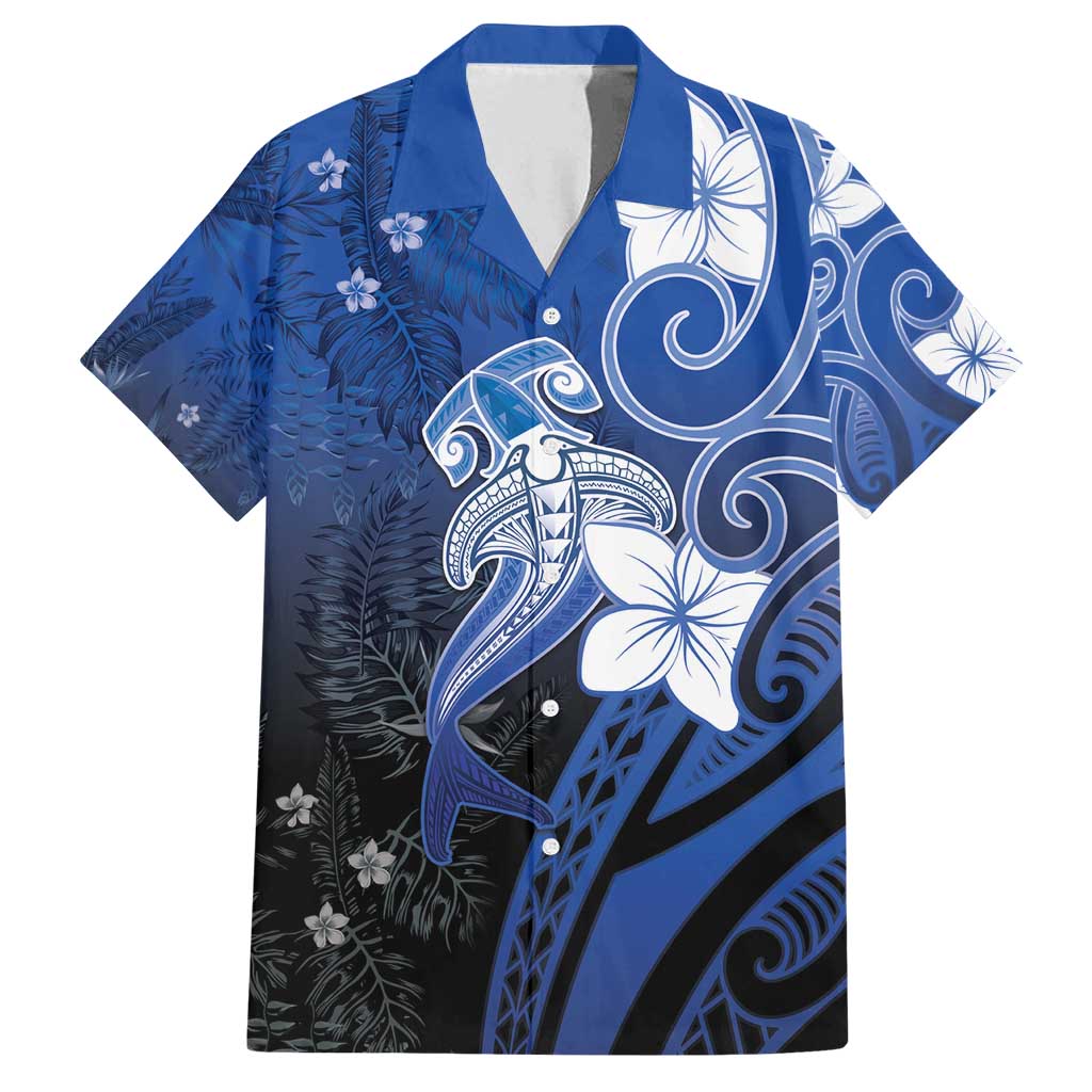Polynesia Hammerhead Shark Family Matching Long Sleeve Bodycon Dress and Hawaiian Shirt Blue Tribal Pattern With Plumeria LT05 Dad's Shirt - Short Sleeve Blue - Polynesian Pride