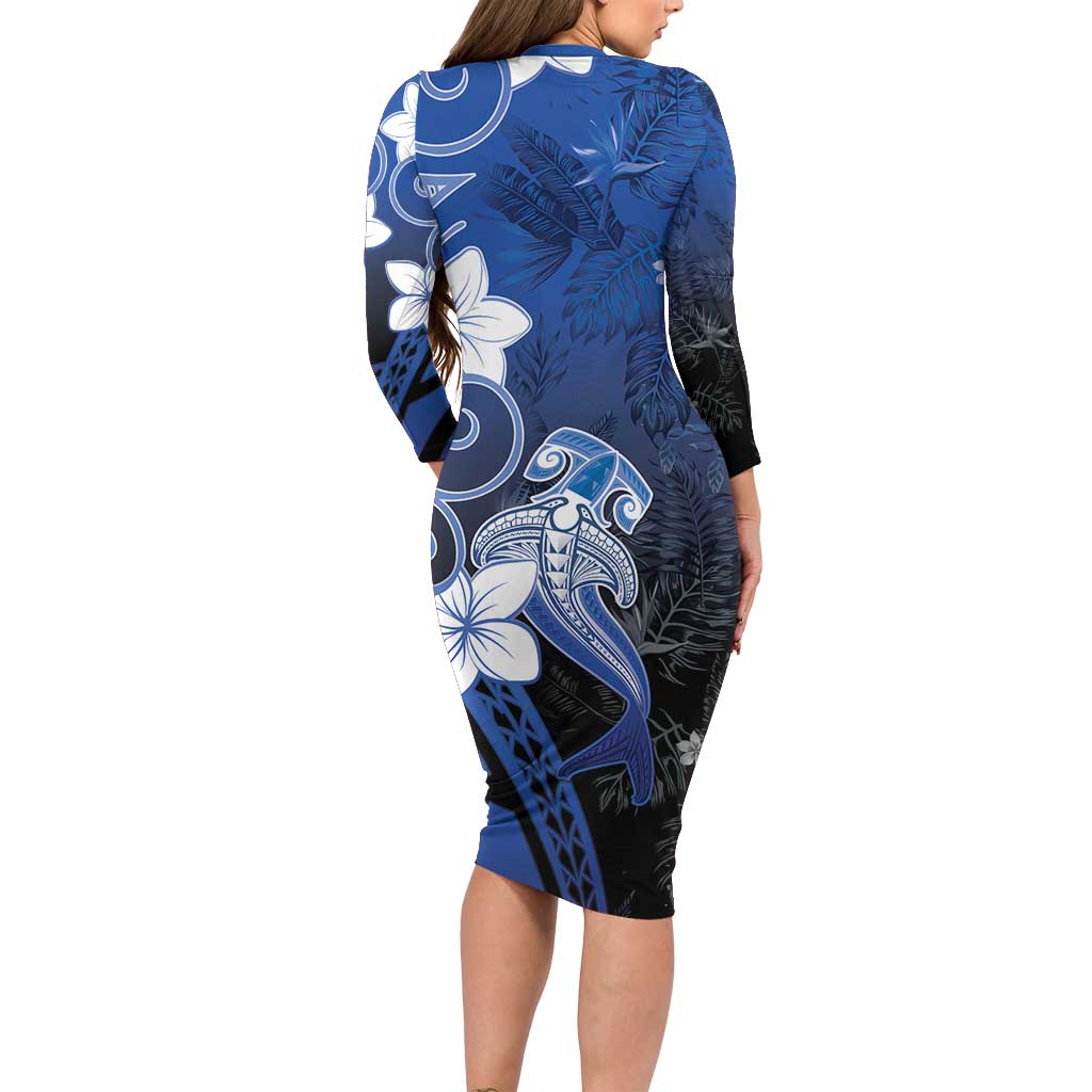 Polynesia Hammerhead Shark Family Matching Long Sleeve Bodycon Dress and Hawaiian Shirt Blue Tribal Pattern With Plumeria LT05 - Polynesian Pride