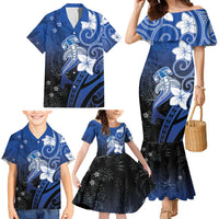 Polynesia Hammerhead Shark Family Matching Mermaid Dress and Hawaiian Shirt Blue Tribal Pattern With Plumeria LT05 - Polynesian Pride