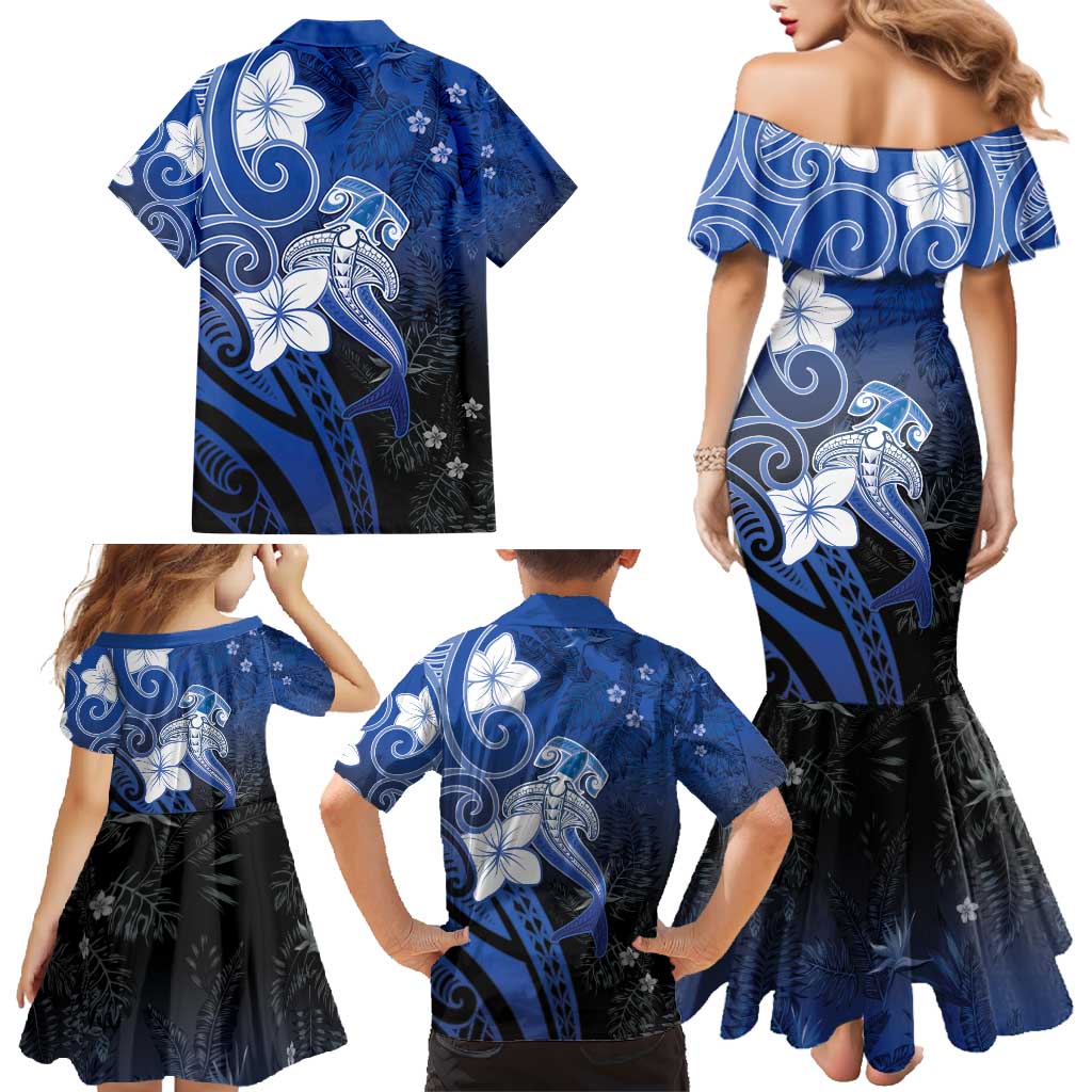Polynesia Hammerhead Shark Family Matching Mermaid Dress and Hawaiian Shirt Blue Tribal Pattern With Plumeria LT05 - Polynesian Pride