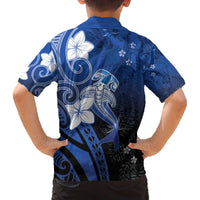 Polynesia Hammerhead Shark Family Matching Off The Shoulder Long Sleeve Dress and Hawaiian Shirt Blue Tribal Pattern With Plumeria LT05 - Polynesian Pride