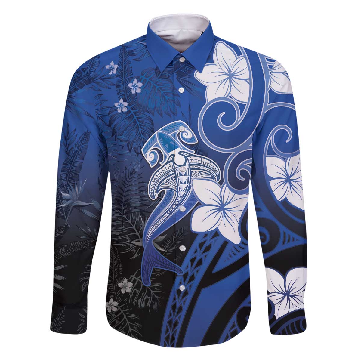 Polynesia Hammerhead Shark Family Matching Off The Shoulder Long Sleeve Dress and Hawaiian Shirt Blue Tribal Pattern With Plumeria LT05 Dad's Shirt - Long Sleeve Blue - Polynesian Pride
