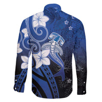 Polynesia Hammerhead Shark Family Matching Off The Shoulder Long Sleeve Dress and Hawaiian Shirt Blue Tribal Pattern With Plumeria LT05 - Polynesian Pride