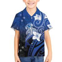 Polynesia Hammerhead Shark Family Matching Off The Shoulder Long Sleeve Dress and Hawaiian Shirt Blue Tribal Pattern With Plumeria LT05 Son's Shirt Blue - Polynesian Pride
