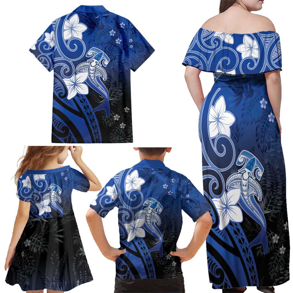 Polynesia Hammerhead Shark Family Matching Off Shoulder Maxi Dress and Hawaiian Shirt Blue Tribal Pattern With Plumeria LT05 - Polynesian Pride