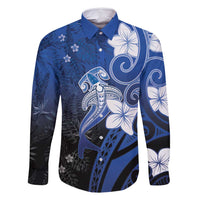 Polynesia Hammerhead Shark Family Matching Off Shoulder Maxi Dress and Hawaiian Shirt Blue Tribal Pattern With Plumeria LT05 Dad's Shirt - Long Sleeve Blue - Polynesian Pride