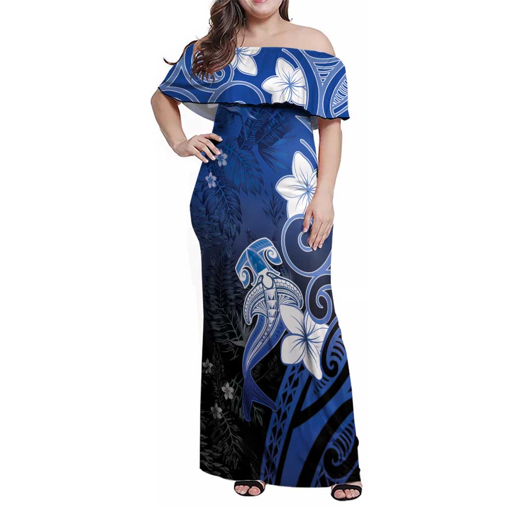 Polynesia Hammerhead Shark Family Matching Off Shoulder Maxi Dress and Hawaiian Shirt Blue Tribal Pattern With Plumeria LT05 Mom's Dress Blue - Polynesian Pride