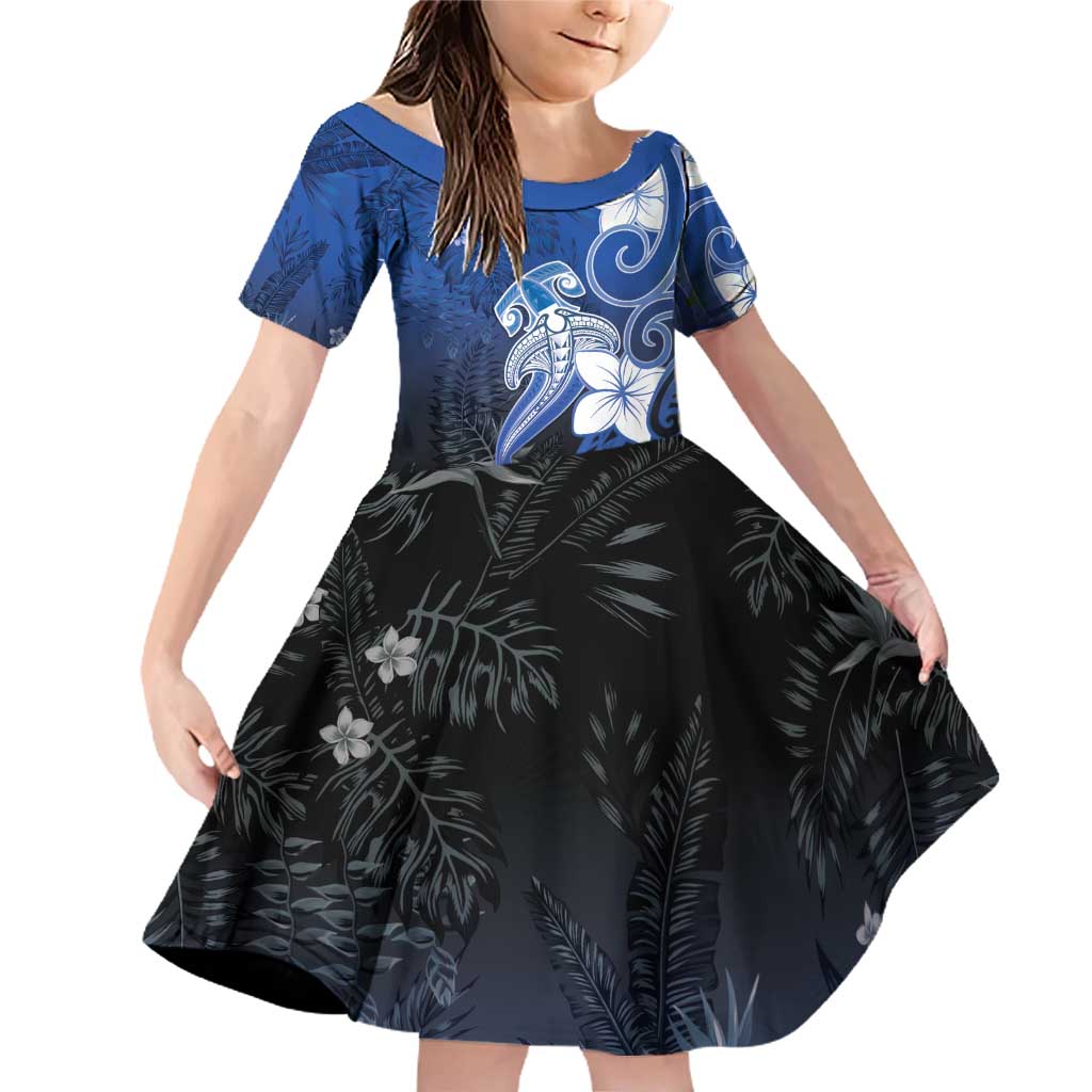 Polynesia Hammerhead Shark Family Matching Off Shoulder Short Dress and Hawaiian Shirt Blue Tribal Pattern With Plumeria LT05 Daughter's Dress Blue - Polynesian Pride