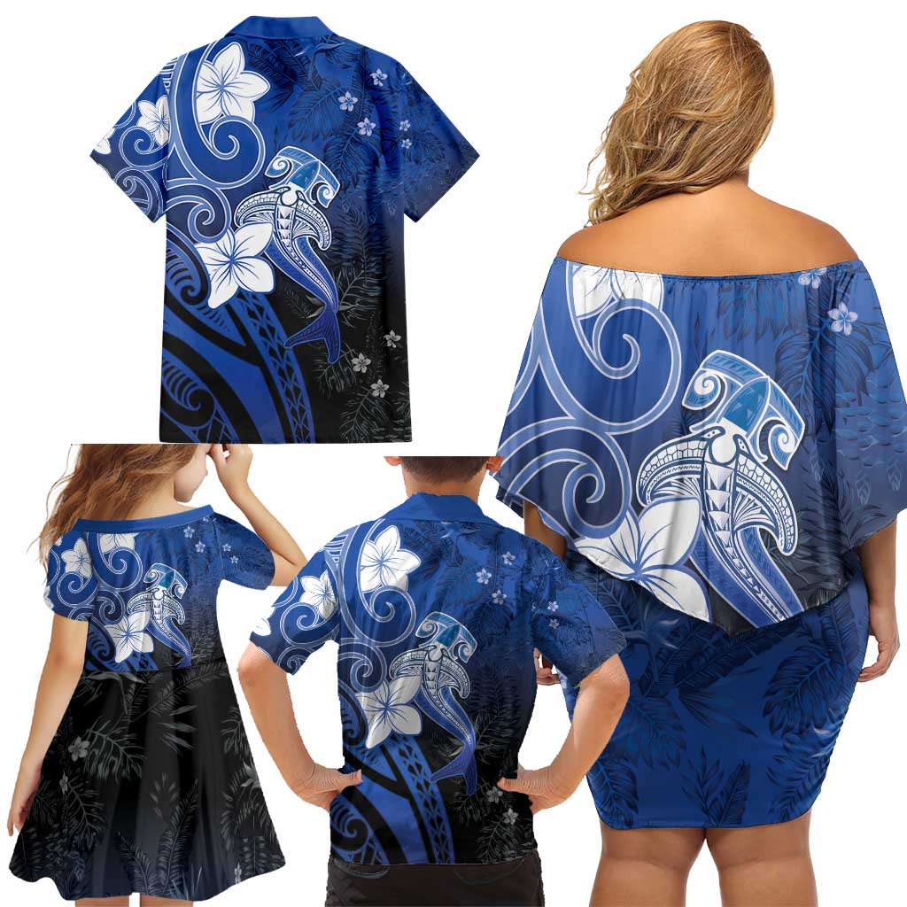 Polynesia Hammerhead Shark Family Matching Off Shoulder Short Dress and Hawaiian Shirt Blue Tribal Pattern With Plumeria LT05 - Polynesian Pride