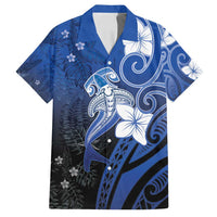 Polynesia Hammerhead Shark Family Matching Off Shoulder Short Dress and Hawaiian Shirt Blue Tribal Pattern With Plumeria LT05 Dad's Shirt - Short Sleeve Blue - Polynesian Pride