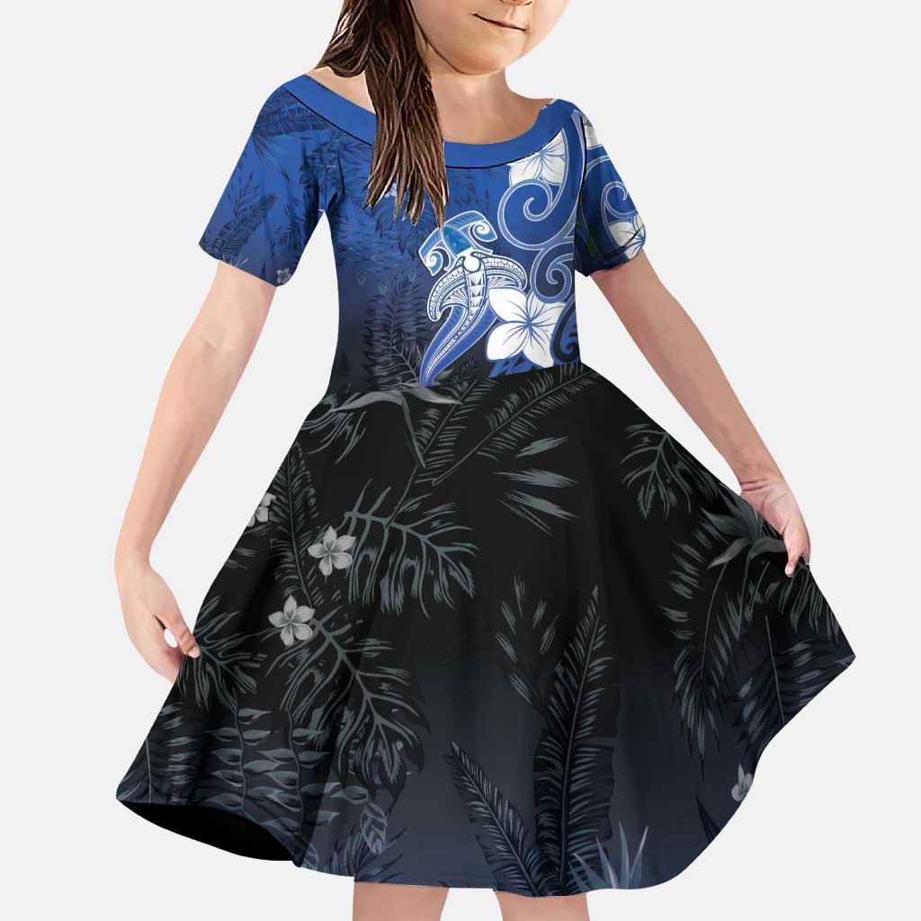 Polynesia Hammerhead Shark Family Matching Puletasi and Hawaiian Shirt Blue Tribal Pattern With Plumeria - Polynesian Pride