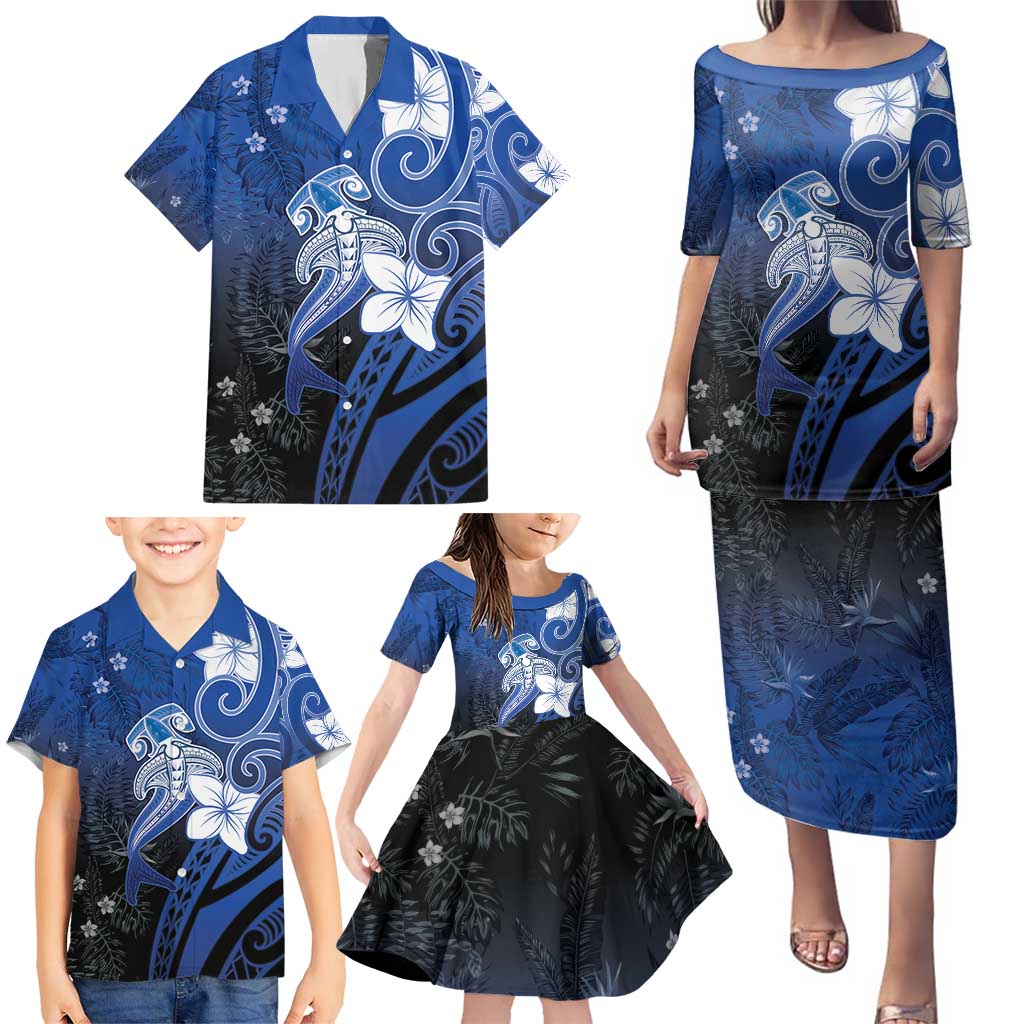 Polynesia Hammerhead Shark Family Matching Puletasi and Hawaiian Shirt Blue Tribal Pattern With Plumeria - Polynesian Pride