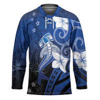 Polynesia Hammerhead Shark Hockey Jersey Blue Tribal Pattern With Plumeria - Polynesian Pride