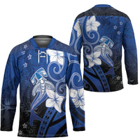 Polynesia Hammerhead Shark Hockey Jersey Blue Tribal Pattern With Plumeria - Polynesian Pride