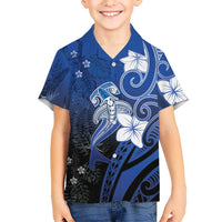 Polynesia Hammerhead Shark Kid Hawaiian Shirt Blue Tribal Pattern With Plumeria LT05 Kid Blue - Polynesian Pride