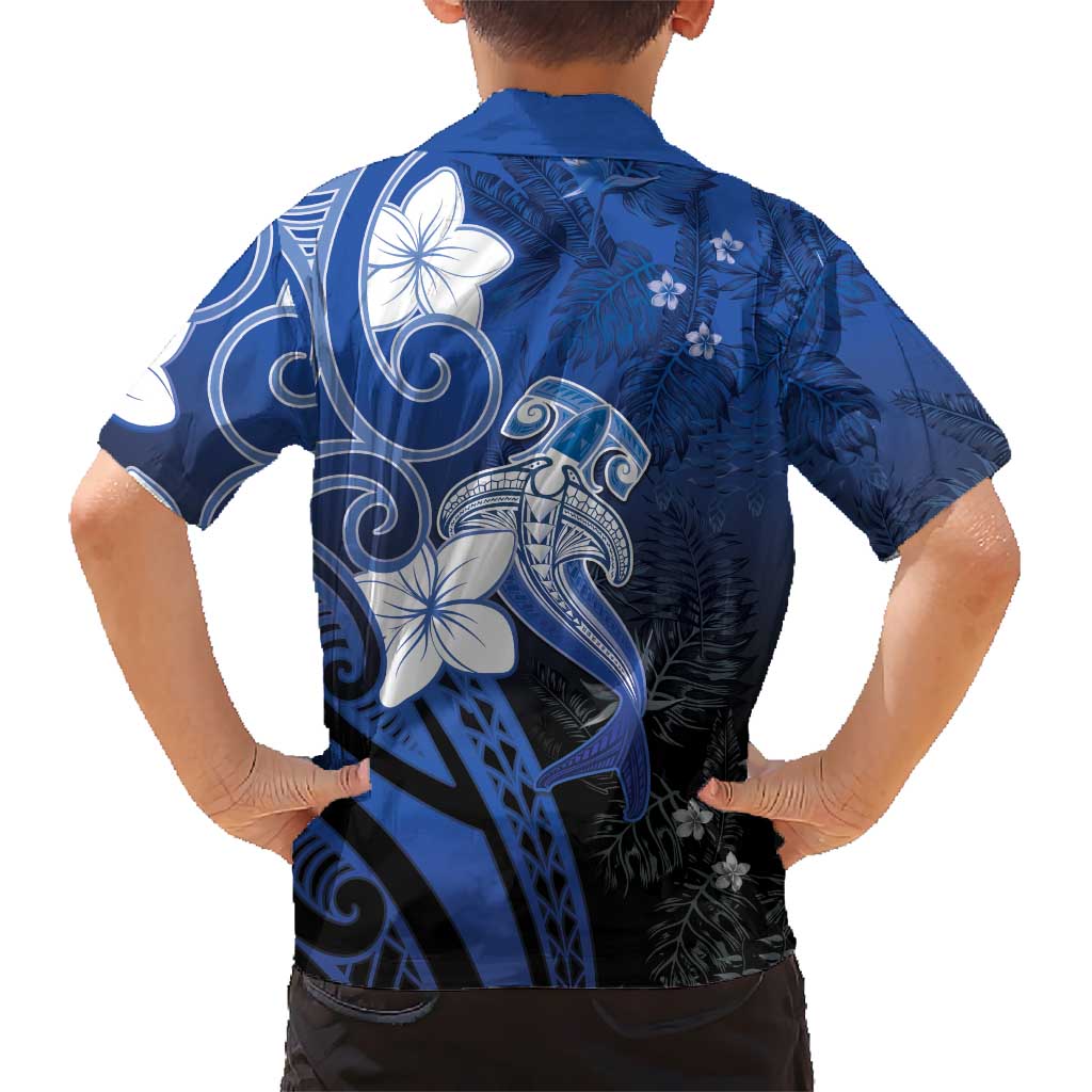 Polynesia Hammerhead Shark Kid Hawaiian Shirt Blue Tribal Pattern With Plumeria LT05 - Polynesian Pride