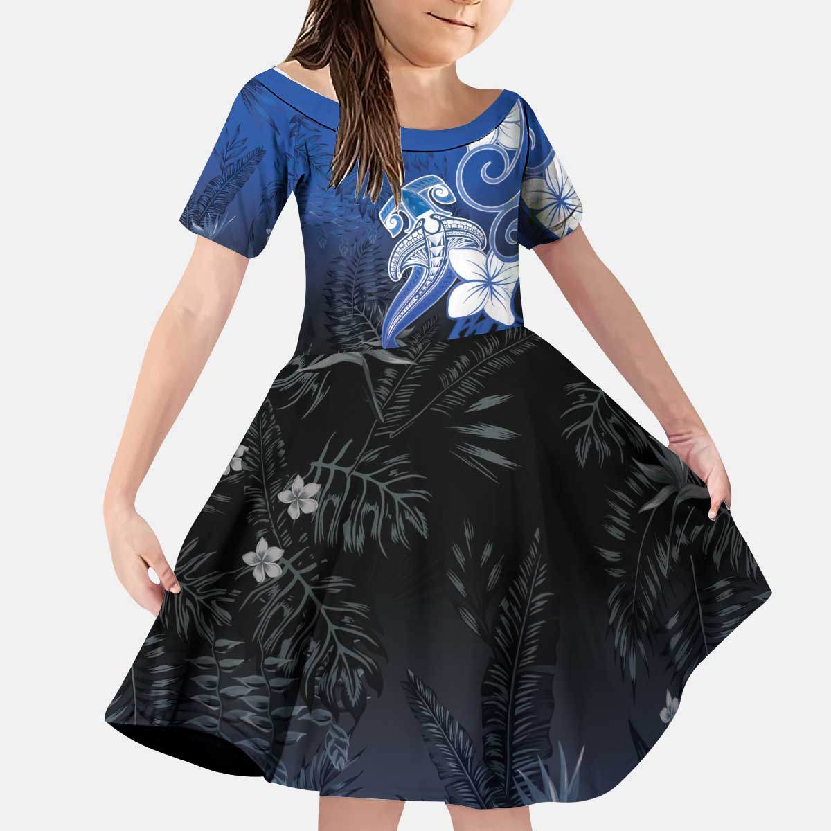 Polynesia Hammerhead Shark Kid Short Sleeve Dress Blue Tribal Pattern With Plumeria - Polynesian Pride