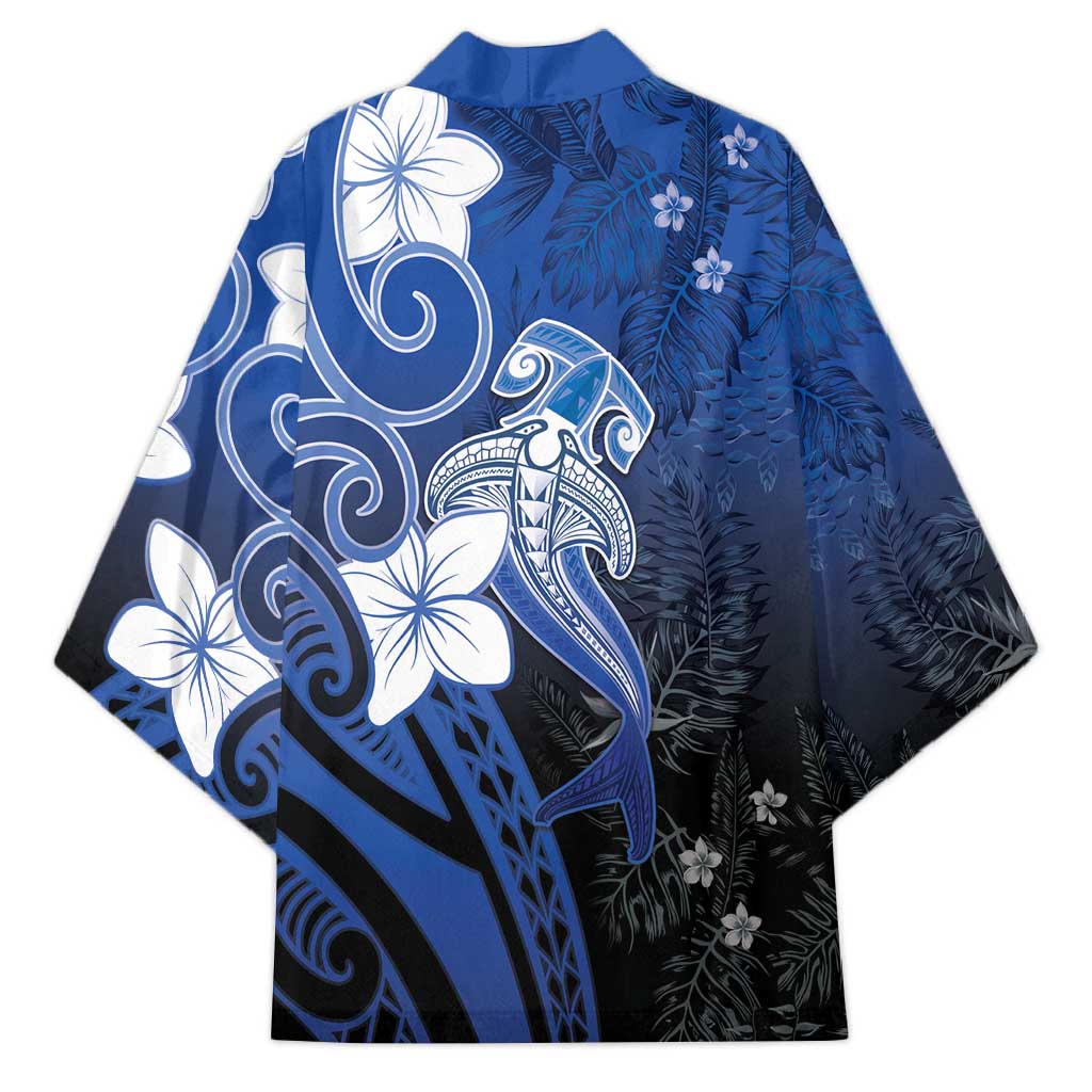 Polynesia Hammerhead Shark Kimono Blue Tribal Pattern With Plumeria - Polynesian Pride