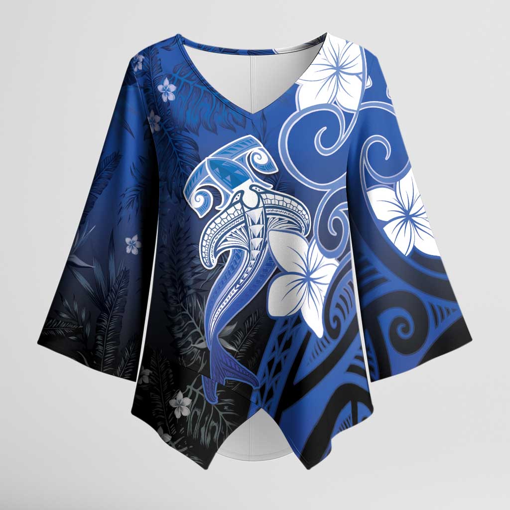 Polynesia Hammerhead Shark Kimono Sleeve Blouse Blue Tribal Pattern With Plumeria - Polynesian Pride