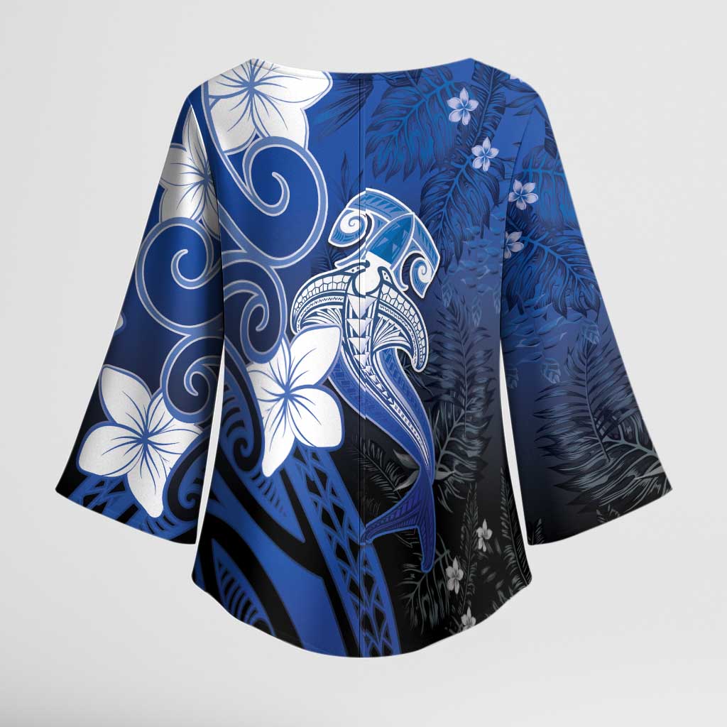 Polynesia Hammerhead Shark Kimono Sleeve Blouse Blue Tribal Pattern With Plumeria - Polynesian Pride